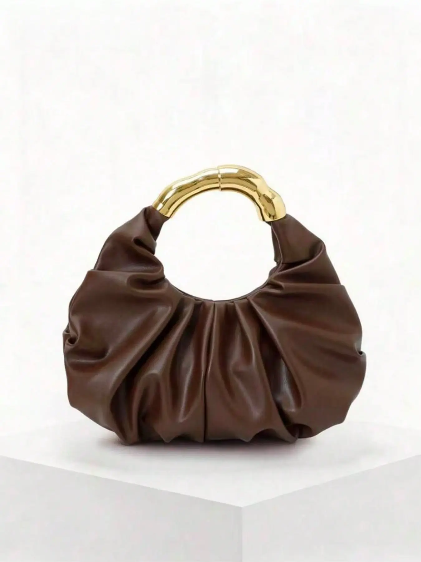 Coffee Brown Soft Smooth Faux Leather Ruched Cloud Mini Chic Handbag, Irregular Curved Gold Ring Top Handle Women Luxury Party Purse Clutch