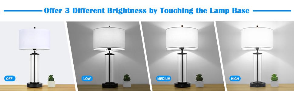 Modern Touch Control Table Lamps with 2 USB Ports for Living Room Set of 2, 3-Way Dimmable Bedside Lamps with Clear Glass for Bedroom Nightstand Hotel, LED Bulbs Included