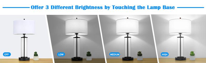 Modern Touch Control Table Lamps with 2 USB Ports for Living Room Set of 2, 3-Way Dimmable Bedside Lamps with Clear Glass for Bedroom Nightstand Hotel, LED Bulbs Included