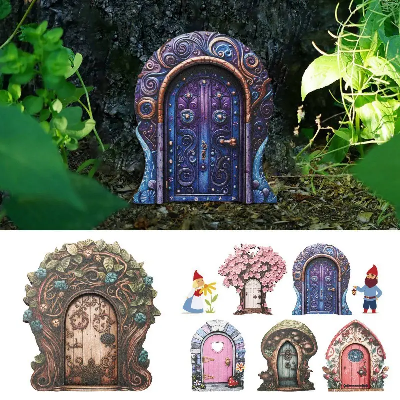 Garden Mini Wooden Fairy Elf Door Decor, Rustic Fairy Tale House Craft Figurine, Micro Landscape Tabletop Ornament for Yard Lawn Indoor Living Room Layout