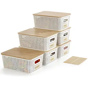 Small Plastic Storage Bins with Bamboo Lids 5.2qt Stackable Box Basket Pantry Decorative Containers Cute with Labels for Organizing Desktop Closet Office Cream White of 6 packs 10*7.2*4.1"