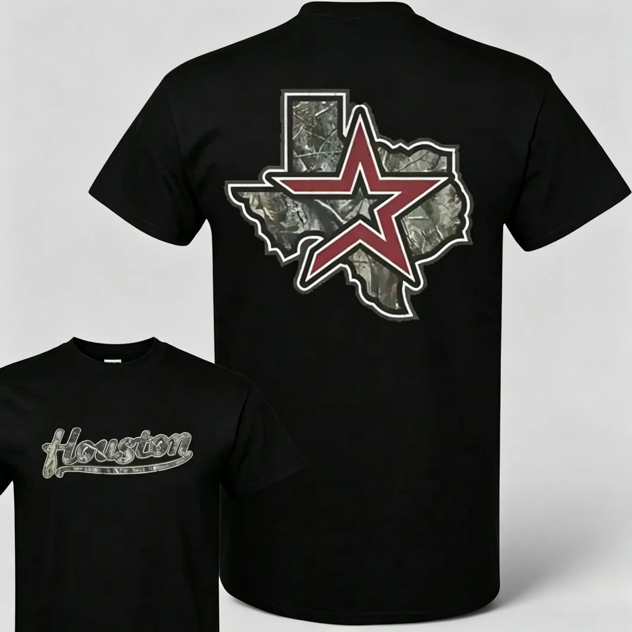 Men's Vintage Houston Texas Camo Star Graphic T-Shirt, Unisex Heavyweight Cotton Short Sleeve Tee, Casual All Season Streetwear Daily Outdoor Top