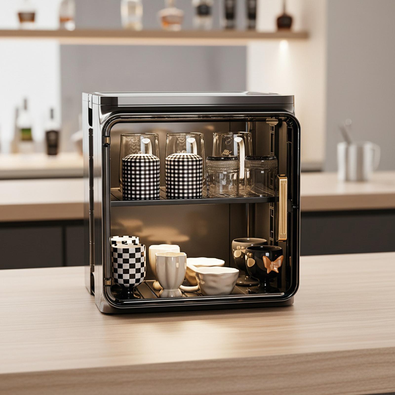 Stackable Plastic Multilayer Dustproof Cup Storage Box Large Capacity Desktop Storage Display Shelf with Doors and Shelves for Office Kitchen Coffee Bars