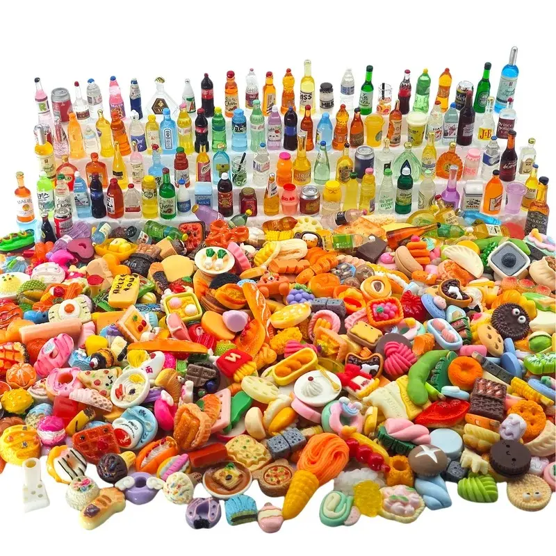 Miniature Food Toys Set, Resin Dollhouse Kitchen Accessories, Tiny Food and Drink Bottles for Pretend Play, Doll House Decoration