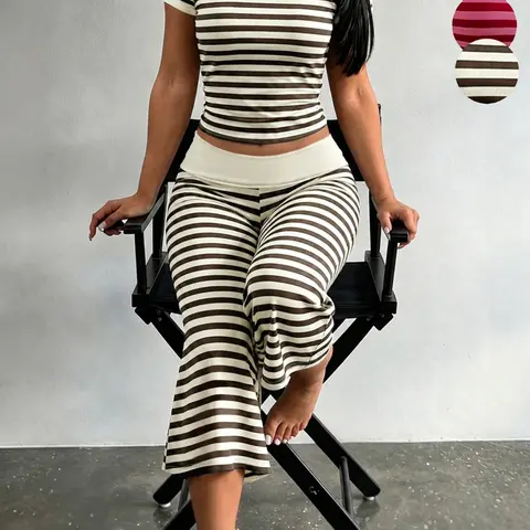 American Vintage Striped Knit Two-Piece Set for Women, Short Sleeve High Waist Seven-Quarter Leg, Casual Home Wear for Fall Winter, Casual Everyday Set