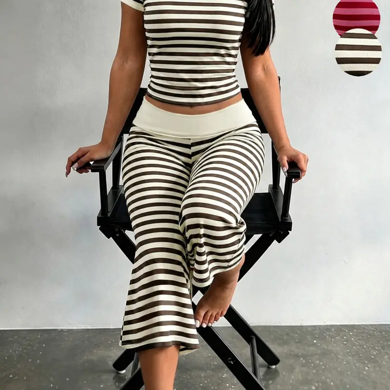 American Vintage Striped Knit Two-Piece Set for Women, Short Sleeve High Waist Seven-Quarter Leg, Casual Home Wear for Fall Winter, Casual Everyday Set