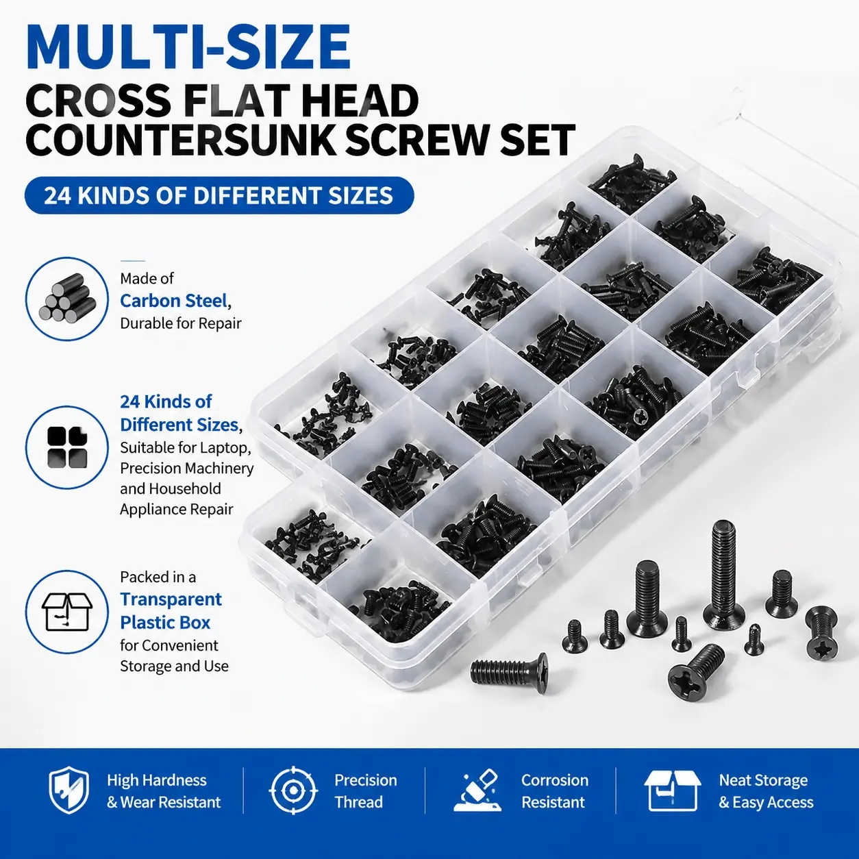 Professional Precision Screw Set 450/650/720 pcs Anti-Corrosion Carbon Steel Laptop Tablet Drone Repair Kit Industrial Grade Multi-Size M1.4 to M3 Portable Case with Thread Gauge Passed 72hr Salt Spray Test Electronic Device Maintenance Tools