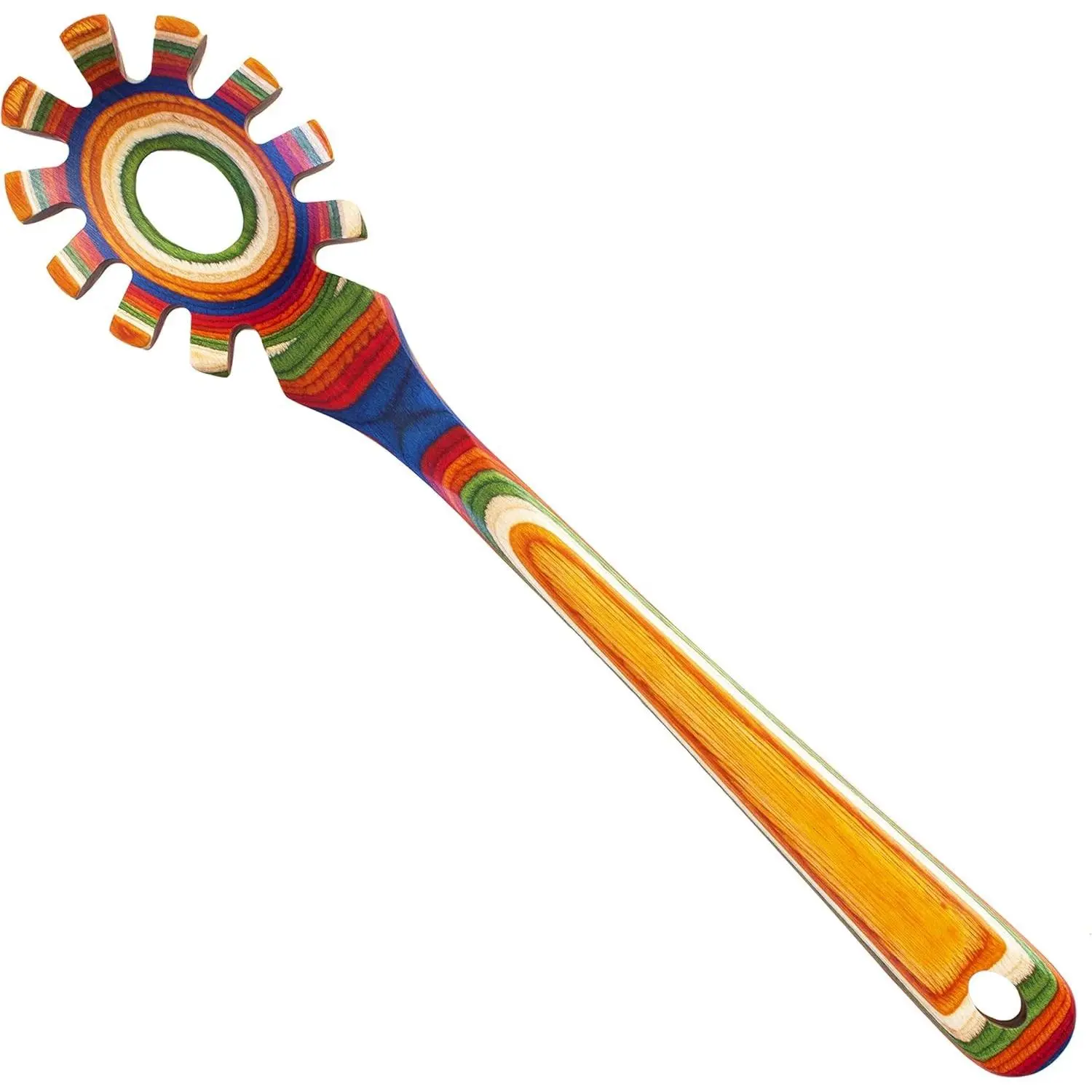 Marrakesh Collection Wooden Spaghetti Spoon – 12.5" Pasta Server with Teeth, Colorful Birch Wood Utensil for Portioning, Stirring & Serving Noodles