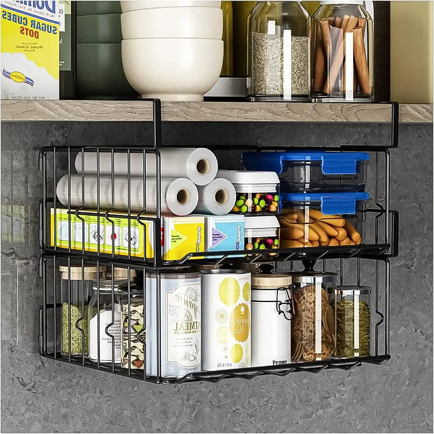Under Shelf Basket Storage 2Pack - 11.8in Metal Under Cabinet Shelf, Hanging Wire Basket Shelves, Undershelf Storage Basket for Kitchen Pantry BookshelfGift