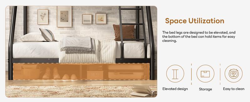 Bunk Beds Twin Over Full Size, More Sturdy Heavy Duty Metal Bunk Bed with Angled Ladder for Teens and Adults, Used for Spaces-Saving, Apartment or Dorm, Noise Free & Easy Assembly, Black