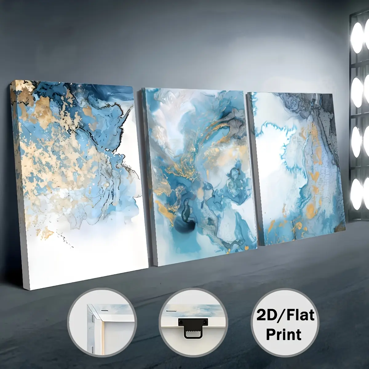 2D flat, 3-piece set of printed framed paintings and posters, ready to hang and use, Nordic blue and gold abstract art print, home decor, wall art, room decoration, suitable for gifts, living room, bedroom, dining room, office decorative painting, framed