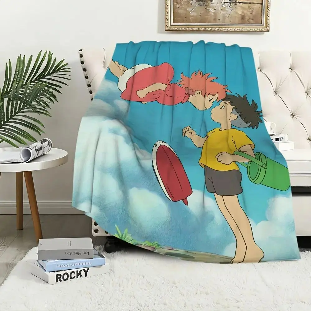 Ponyo Anime Print Microfiber Poly Flannel Throw Blanket - 40x30in, Wrinkle Resistant, Breathable, Cooling, Soft Cozy, All Seasons Blanket for Friends, Living Room Decor