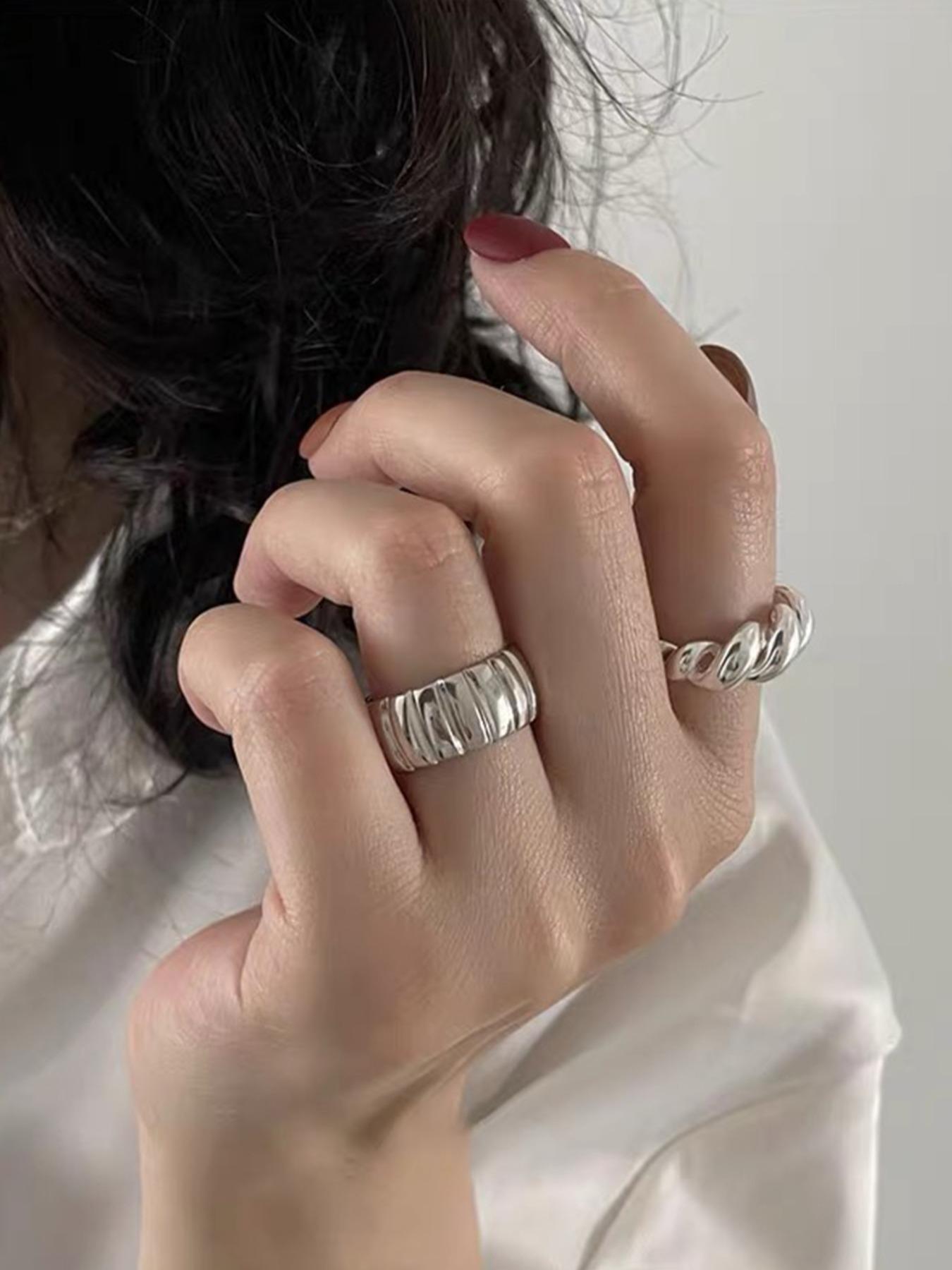 Women's Elegant Open Ring Set, French Style Metal Twisted Design, Casual Fashion Jewelry for All Seasons, 2-Piece Set, Adjustable Rings, Stacking Rings