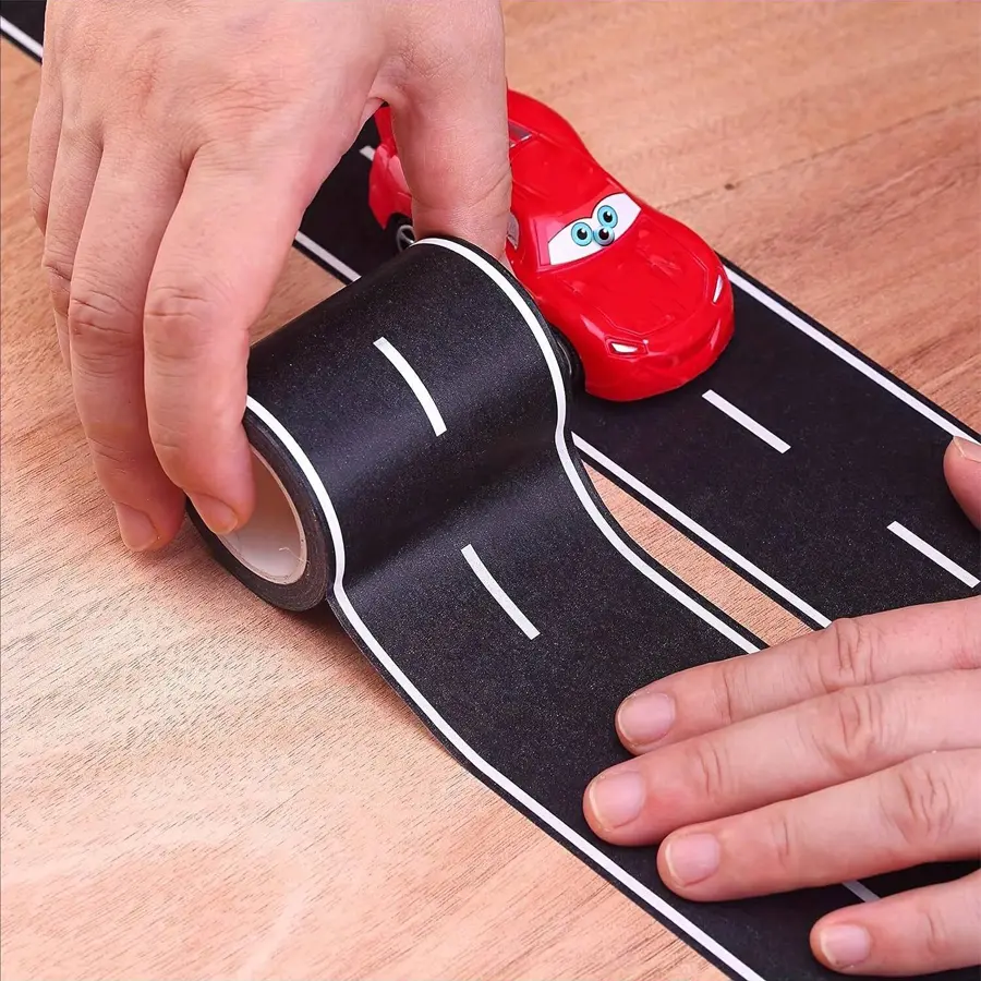 2 rolls Reusable Cartoon Road Track Stickers - Black Polyurethane Tape for Party Racing Decor, Glitter Finish, Auto-Themed Decoration, 2 Rolls (16ft x 2in Each)