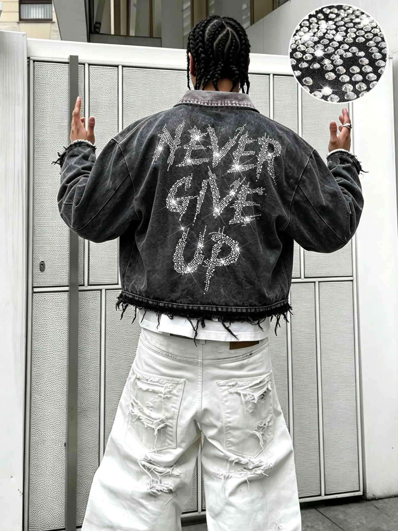 Men's Long Sleeve Street Style Collar Zipper Denim Jacket, 'never Give Up' Letter Rhinestones, Regular Fit, Trendy Daily Wear