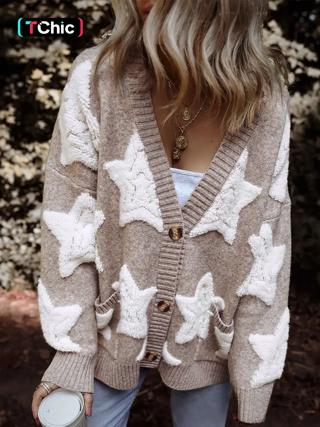 Women's Star Jacquard Button Front Pocket Knitted Cardigan, Casual Drop Shoulder Long Sleeve V Neck Knitwear for Fall & Winter, Fashion Ladies' Knit Clothing for Daily Wear Womenswear