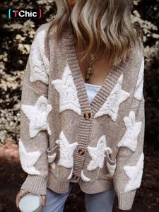 women's star jacquard button front pocket cardigan, casual drop shoulder v neck knitwear for fall & winter, fashion ladies' knit clothing for daily wear