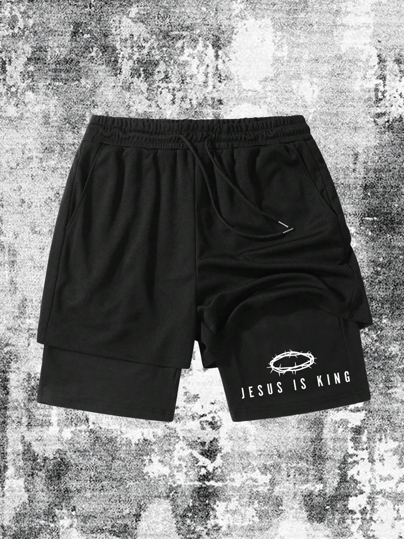 Men's 2 in 1 Graphic & Letter Print Drawstring Waist Shorts, Regular Fit Casual Quick Drying Breathable Shorts for Gym Workout Running, Men's Bottoms for Spring & Fall