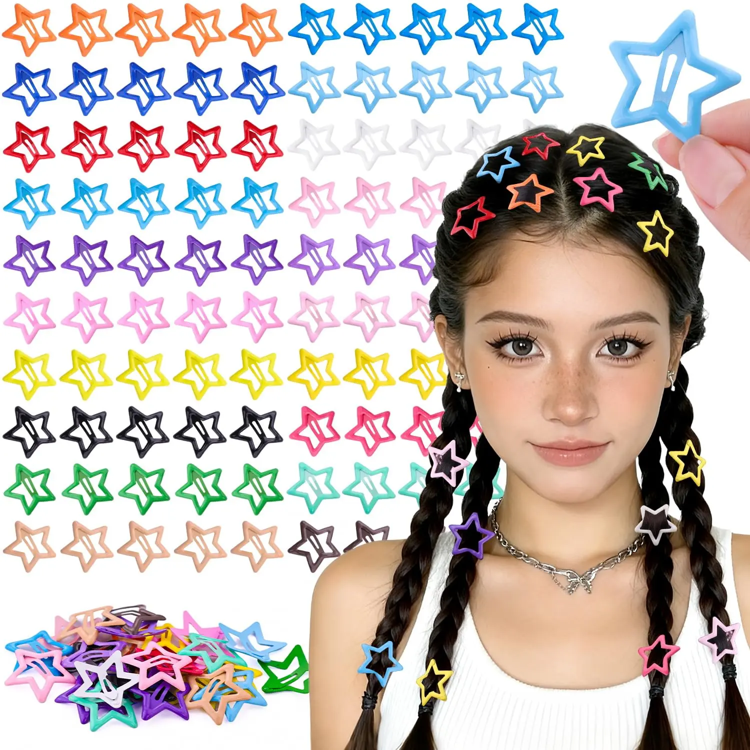 100-Pack Cute Star Hair Clips for Girls, Colorful Candy-Style Non-Slip Lightweight Mini Snap Barrettes, Sports & Daily Hairstyle Accessories for School, Gift Ideas