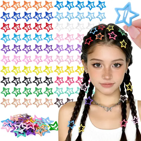 Girls' 100-Pack Candy Stars Hair Clips - Colorful, Non-Slip, Lightweight Mini Snap Barrettes, Sports & Daily Styling Accessories, Hair Decor, School Use & Gift Ideas