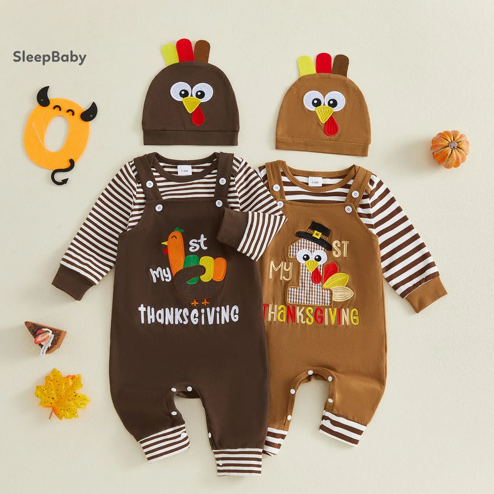 Baby 3Pcs My First Thanksgiving Outfit, Striped Long Sleeve Bodysuit, Turkey Embroidery Strap Overalls with Matching Turkey Hat Newborn Fall Holiday Clothes
