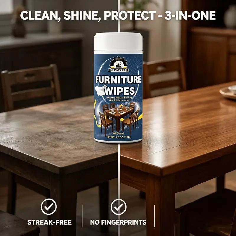 Wax-feel Streak-Free Furniture Wipes clean and protect wooden surfaces with no residue or wax marks, suitable for tables, chairs and cabinets; household cleaning wipes, multi-purpose cleaner