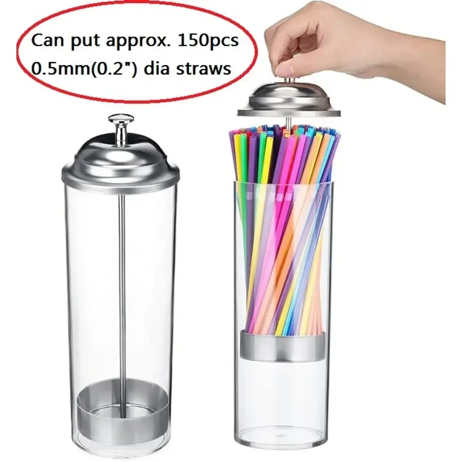 Transparent Straw Dispenser with a Pop-Up Lid, Designed to Organize And Store Drinking Straws, Stir Sticks, And Short Straws, Featuring a Stainless Steel Lid for Bar Use, Home Bar Accessories