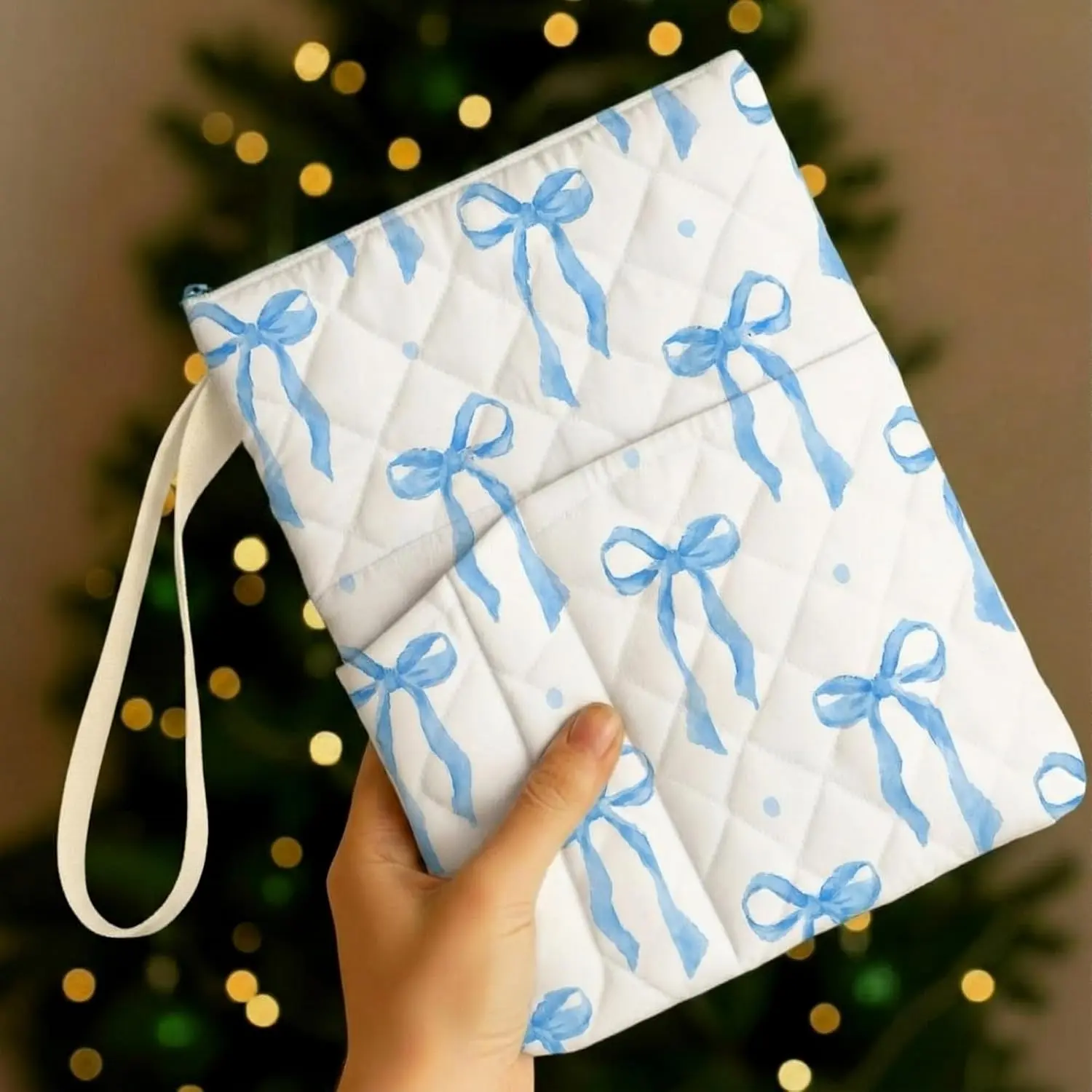 Blue Bow  Book Sleeve with Zipper 11" x 9" Padded Protector Washable Quilted Book Covers Printed  Pouch with Handle Pockets Protector for Books Lover Christian Gifts
