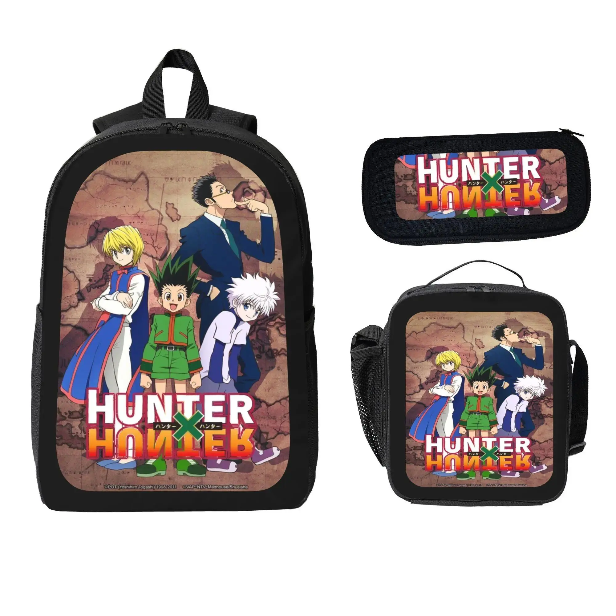 HUNTERXHUNTER Unisex 3-in-1 Synthetic Schoolbag Set - Zipper-Closure Anime Print Backpack, Insulated Lunch Bag & Pencil Case, Lightweight Daily Use Casual Daypack for Teens Anime Fans