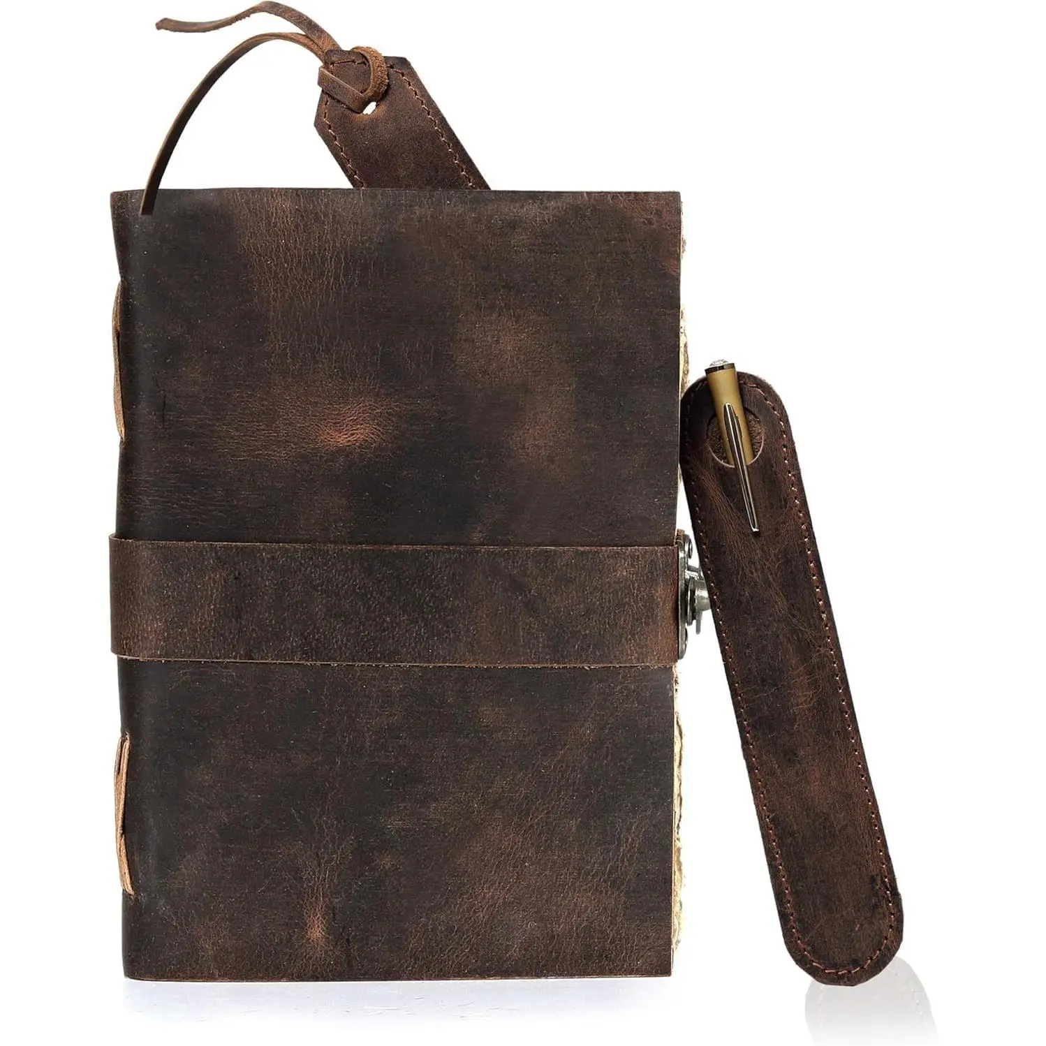 Rustic Brown Hand-Stitched Buffalo Leather Locked Diary - 7"x5" Office Stationery, Journaling Supplies, Portable Notebooks & Paper, Rustic Notebooks & Paper, Pen Holder, 210 Deckle Edge Pages, Pen-Compatible