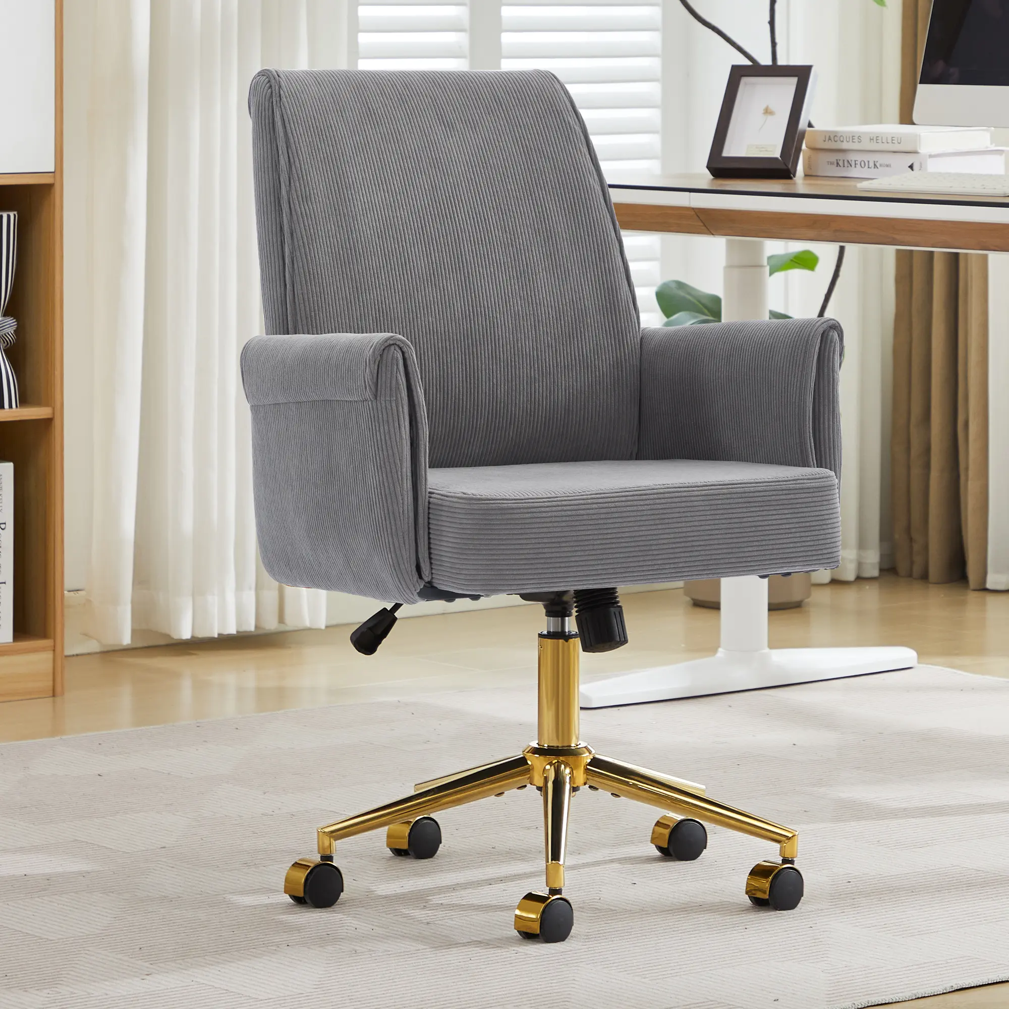 ARCH Ergonomic Mid-Back Office Chair with Liftable Backrest, Corduroy Upholstered Desk Chair with Memory Foam Cushion, Gold Metal Base, Adjustable Work Chair for Home Office Study Room, Gray, Gray Color Options, Corduroy Material, Product Dimensions: