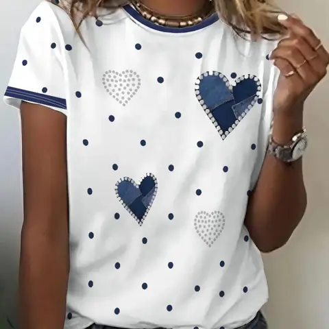 Women's Colorblock Heart Print Short Sleeve Summer T-Shirt, Casual Crew Neck Top, Digital Print Rhinestone-Look Design, Comfortable Stylish Fashion Tee, Summer Tops With Sleeves