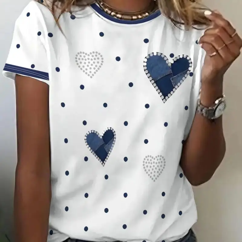 Women's Colorblock Heart Print Short Sleeve Summer T-Shirt, Casual Crew Neck Top, Digital Print Rhinestone-Look Design, Comfortable Stylish Fashion Tee, Summer Tops With Sleeves