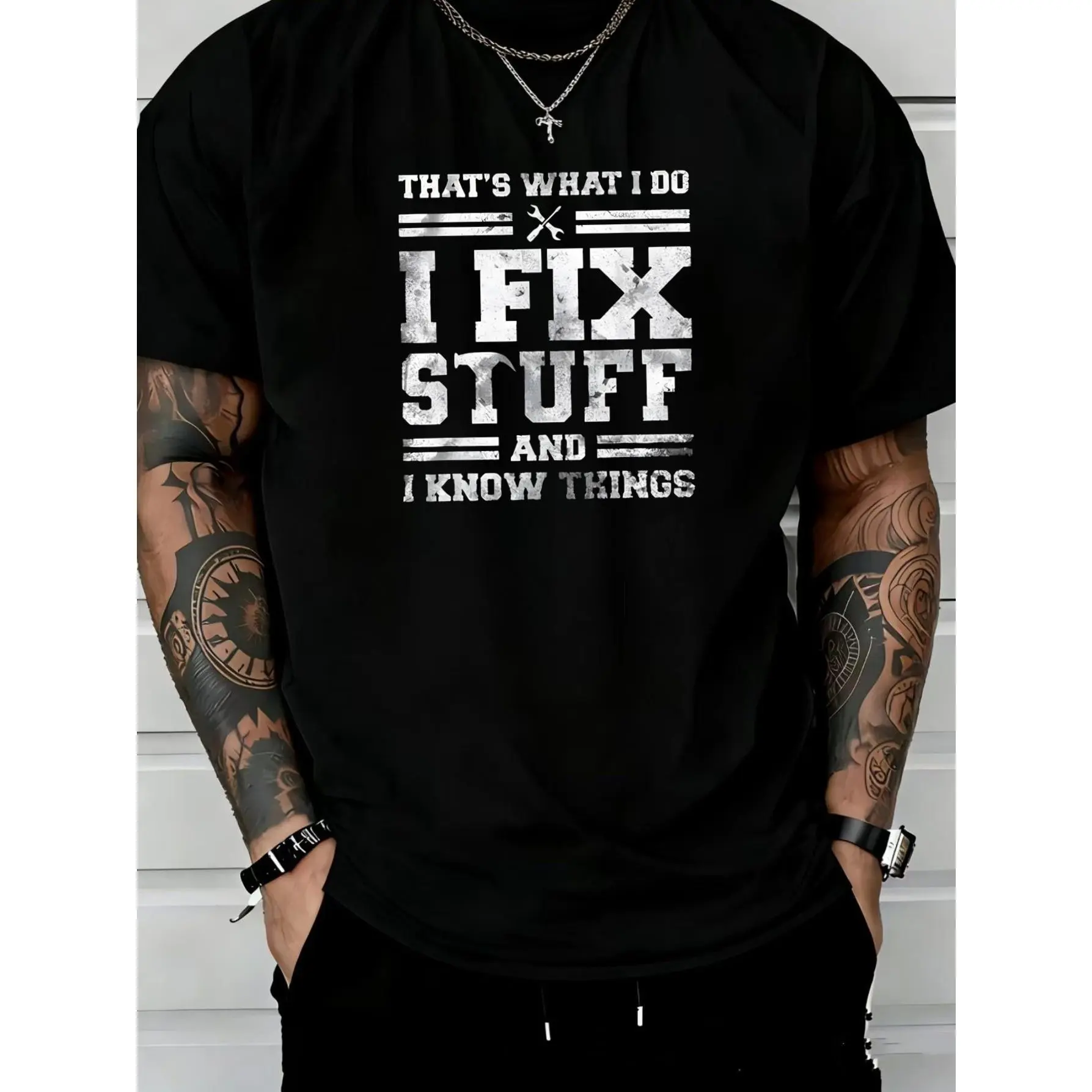Men's Handyman Graphic T-Shirt with "This Is What I Do, I Fix Things" Quote - Workwear Short Sleeve Round Neck Casual Top, Breathable Suitable for All Seasons, Casual Attire for, -Themed Apparel & Gifts