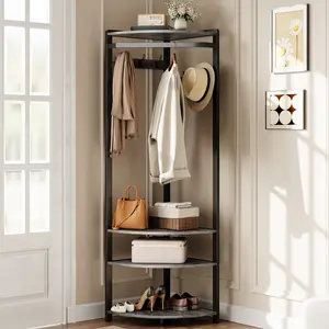 Space-Saving Corner Hall Tree Coat Rack – Freestanding Entryway Organizer with 6 Double Hooks, Shoe Bench & 4 Storage Shelves – Perfect for Hallway, Closet, Living Room