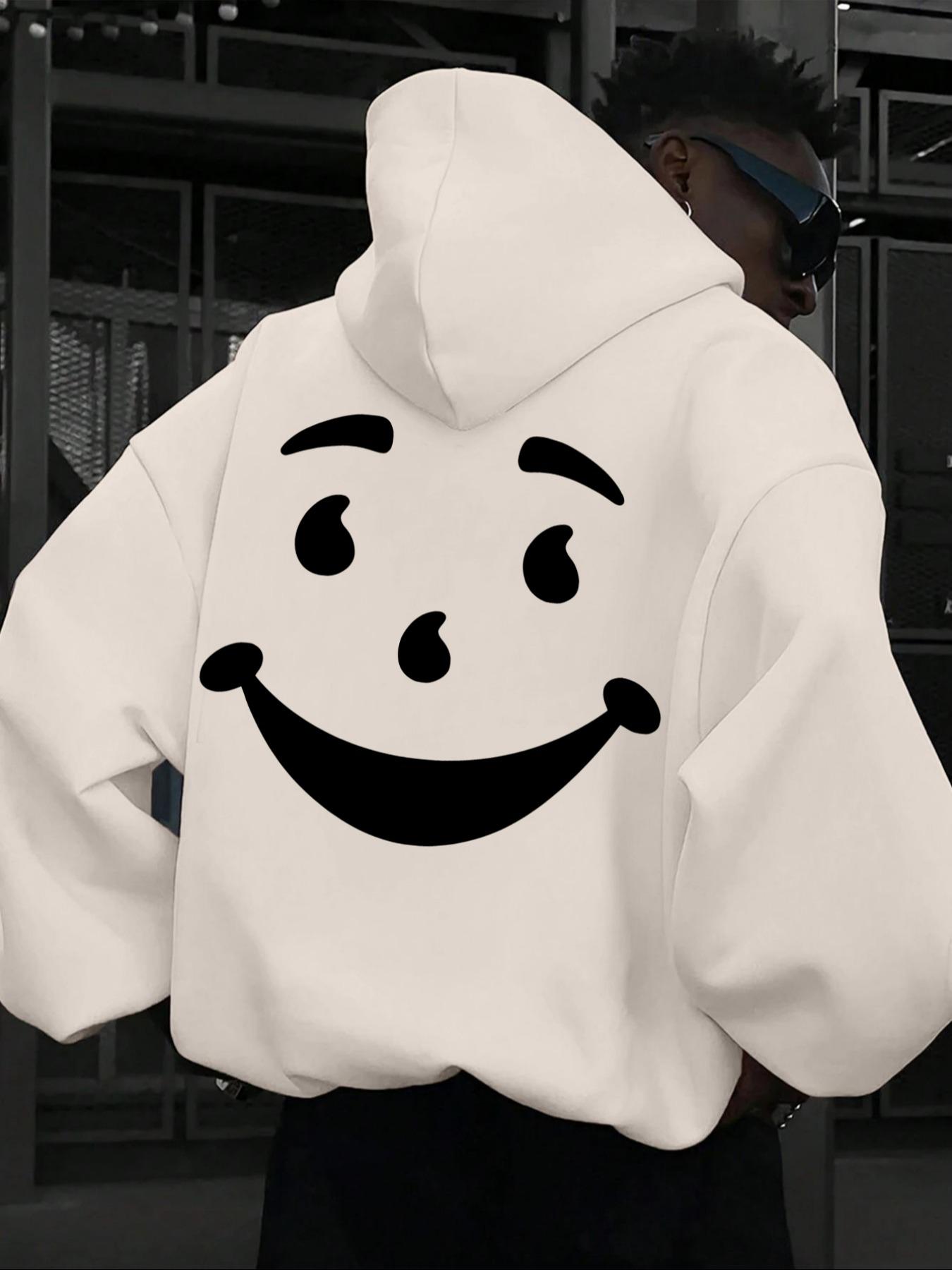 Men's Cartoon Smile Face Print Drop Shoulder Hoodie, Fashion Casual Regular Fit Drawstring Pocket Hooded Sweatshirt for Daily Holiday Outdoor Wear, Men Clothes for Fall & Winter