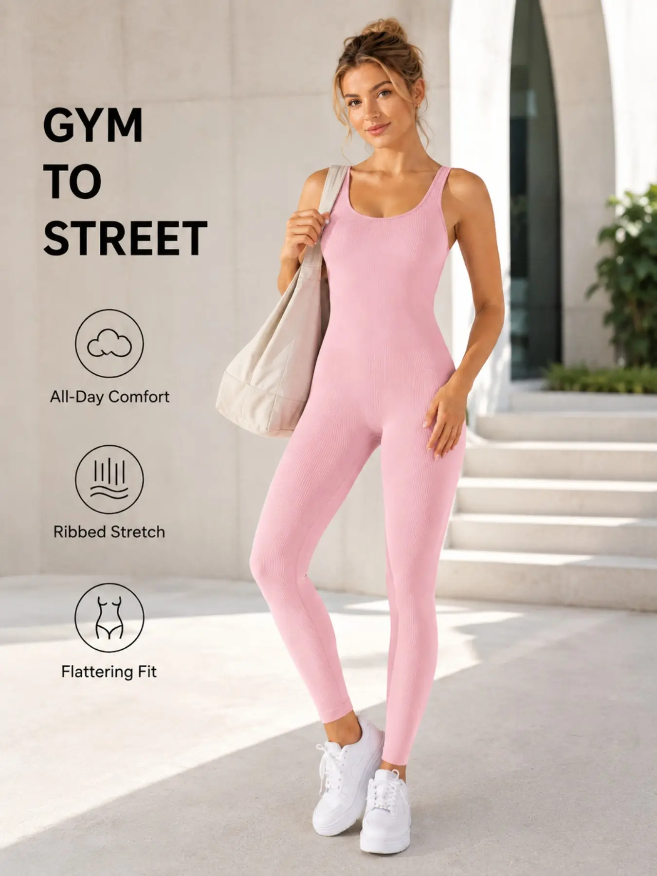 Women's Tight Jumpsuit, Ribbed Knit Fitness Wear, Backless U-Neck Sleeveless, High-Waisted Yoga Pants, Sporty Style, Fall & Winter