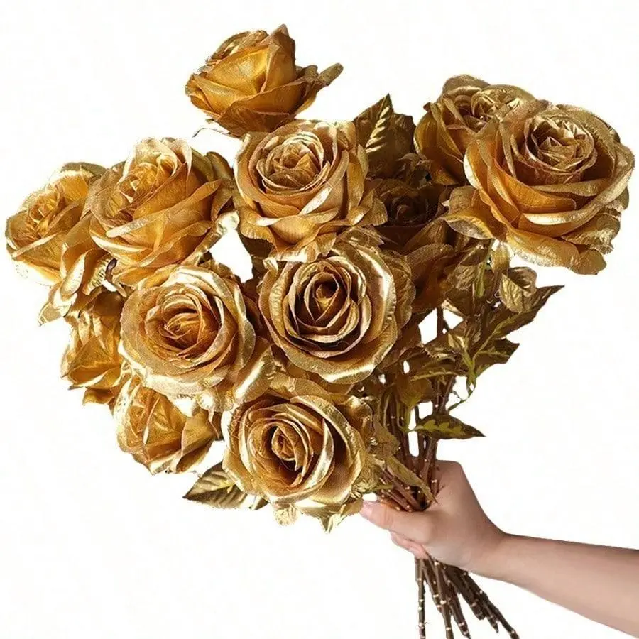 12PCS Durable Shiny Foil Metallic Gold Artificial Rose Flower Bouquet with Stems & Leaves, Universal Floral Decor for Wedding, Valentine's Day Home Table Centerpiece Photo Prop Gift