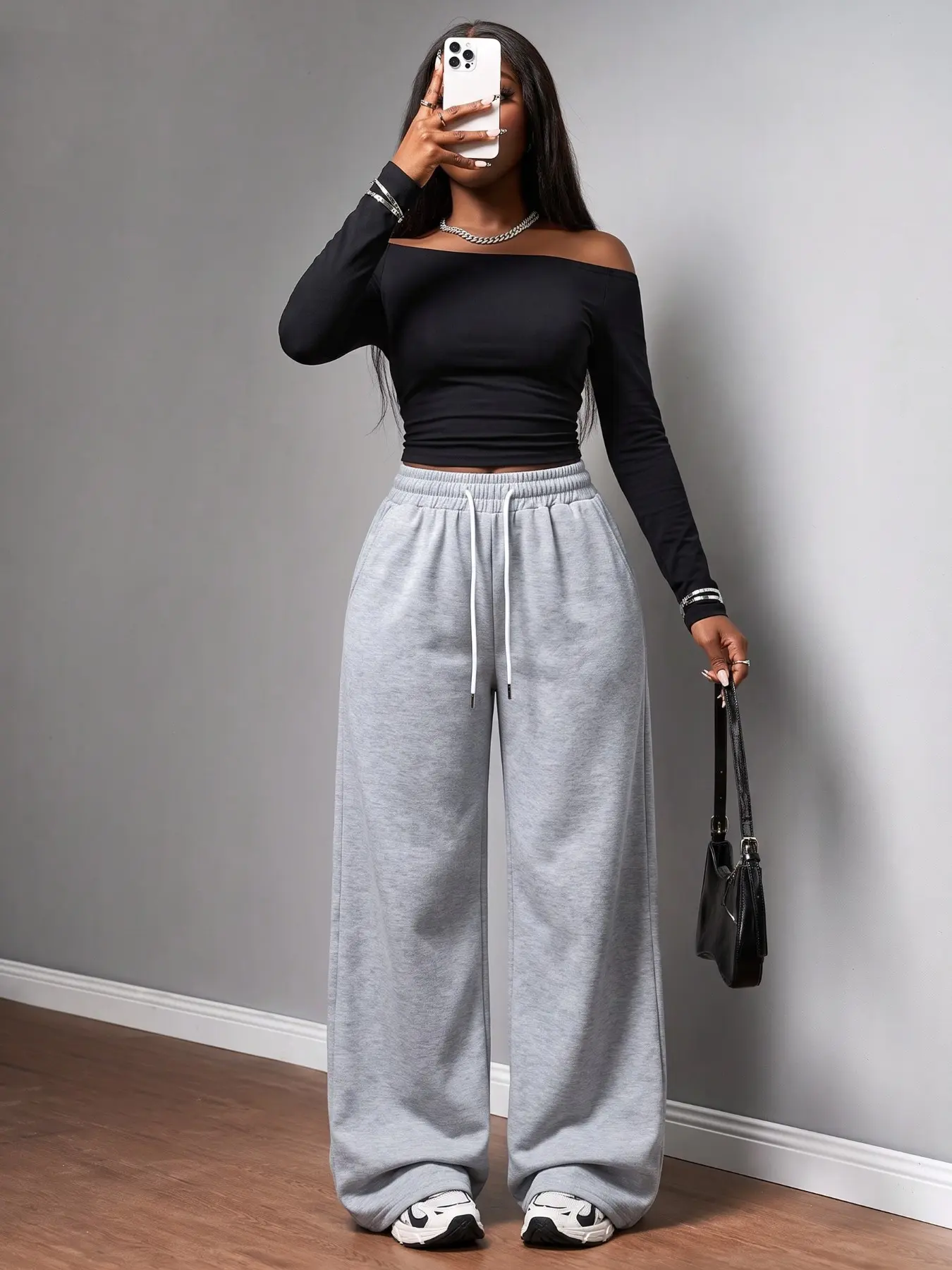 Off Shoulder Long Sleeve Slim Crop Top Matched Elastic Drawstring High Waist Wide Leg Sweatpants, Soft Loose Casual Two-Piece Outfit, Comfortable Daily Wear Perfectly Paired Into Fashionable Autumn Outfits Women And Trendy Versatile Women Clothes