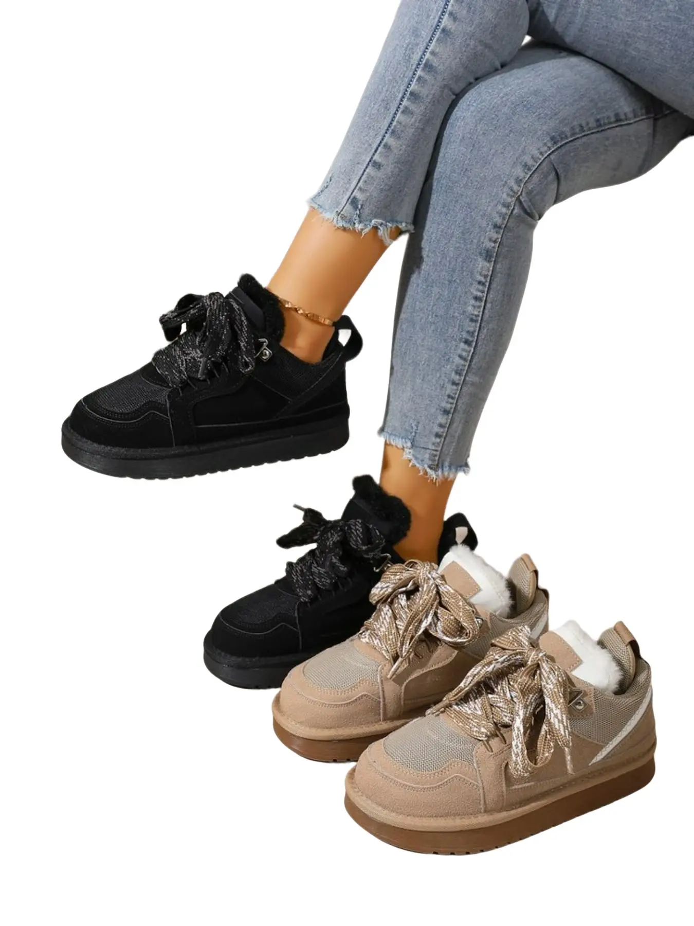 Women's Winter Warm Thick Sole Snow Boots, Leather and Fabric Material, Handmade Patchwork, Anti-Slip Retro Design, Versatile Fashion Shoes