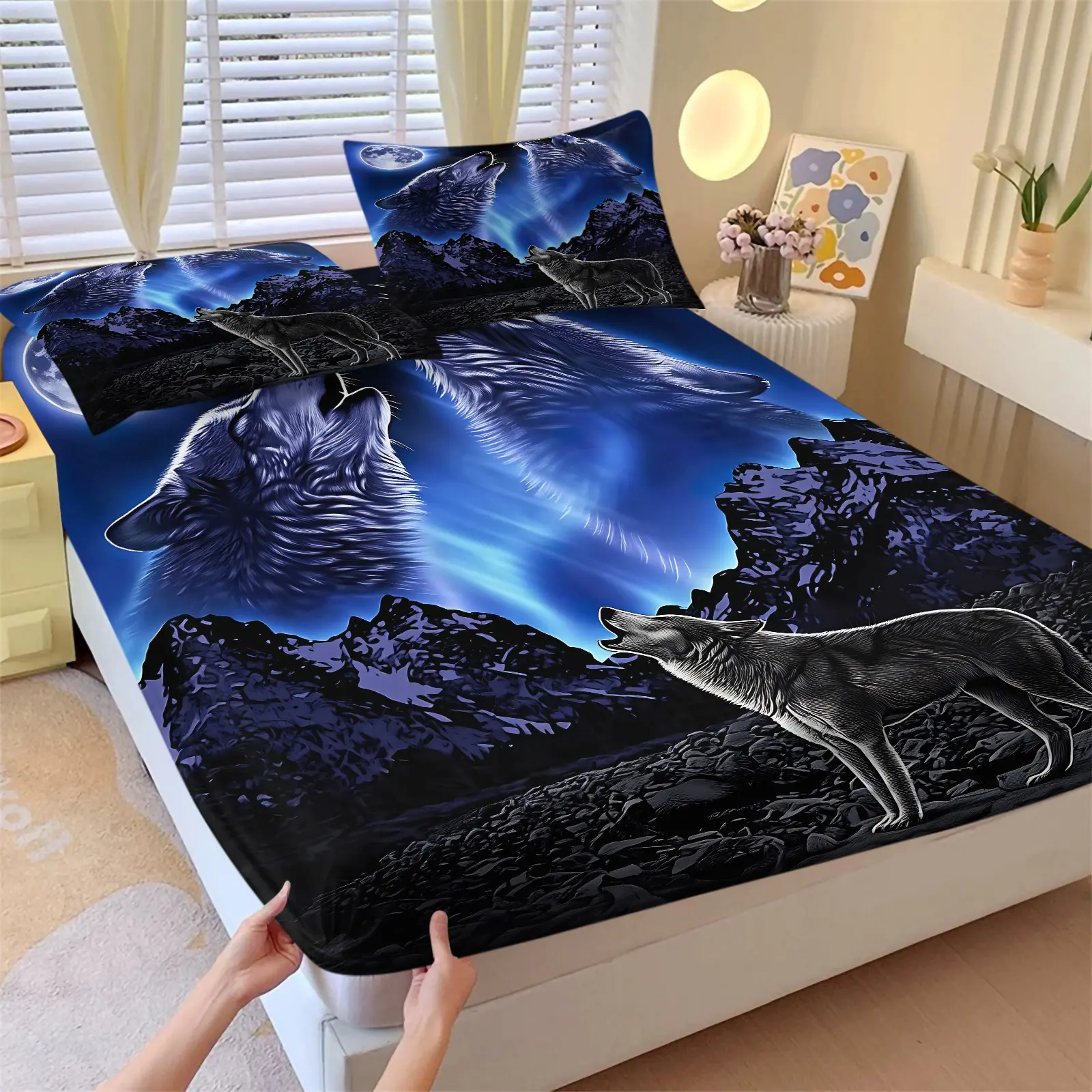 Wilderness Full Moon Aurora Wolf Print Bed Sheet Set, Gothic Wildlife Design, Durable Non-Slip Mattress Protector, Teen Boys Bedroom Decor