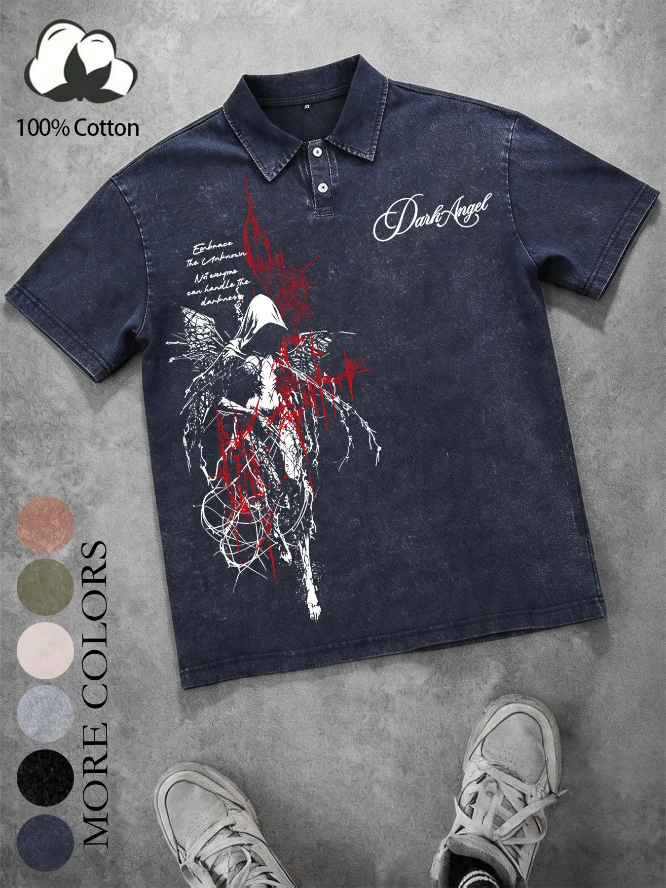 Unisex dark gothic style, “Dark Angel” dark angel print 100% cotton wash-and-wear distressed polo shirt short-sleeve T-shirt, American retro Y2K dark gothic high-street streetwear brand oversized top, Printed Polo Top, Casual Collared Polo Shirts