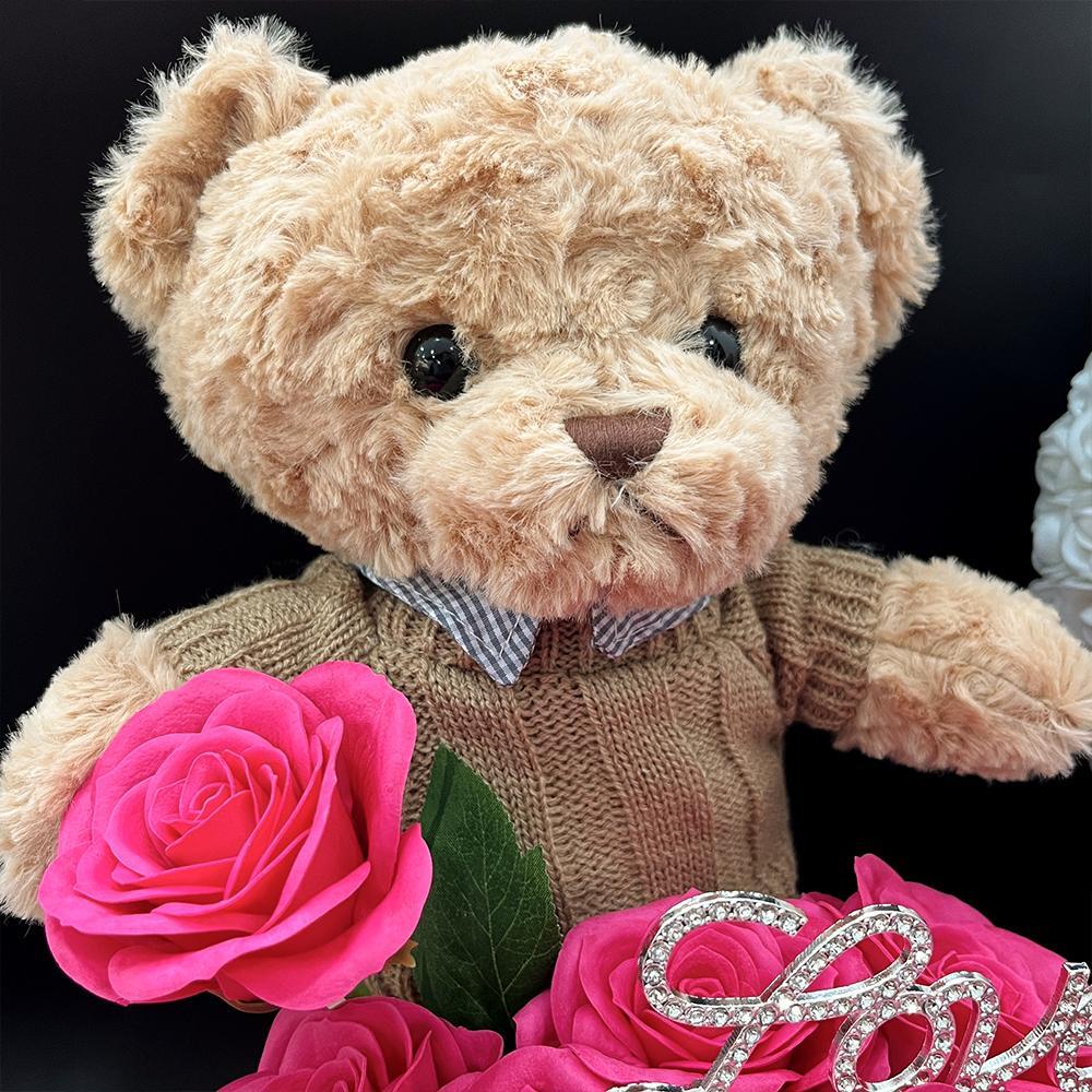 Artificial Flower Gift Box with Bear, 1 Count Romantic Rose Gift Box, Decorative Flowers Bouquet, Birthday Gift, Roses Bouquet, Decorative Vibrant Faux Flowers, Ribbon Roses Bouquet, Glitter Rose #GLOBAL PICKS