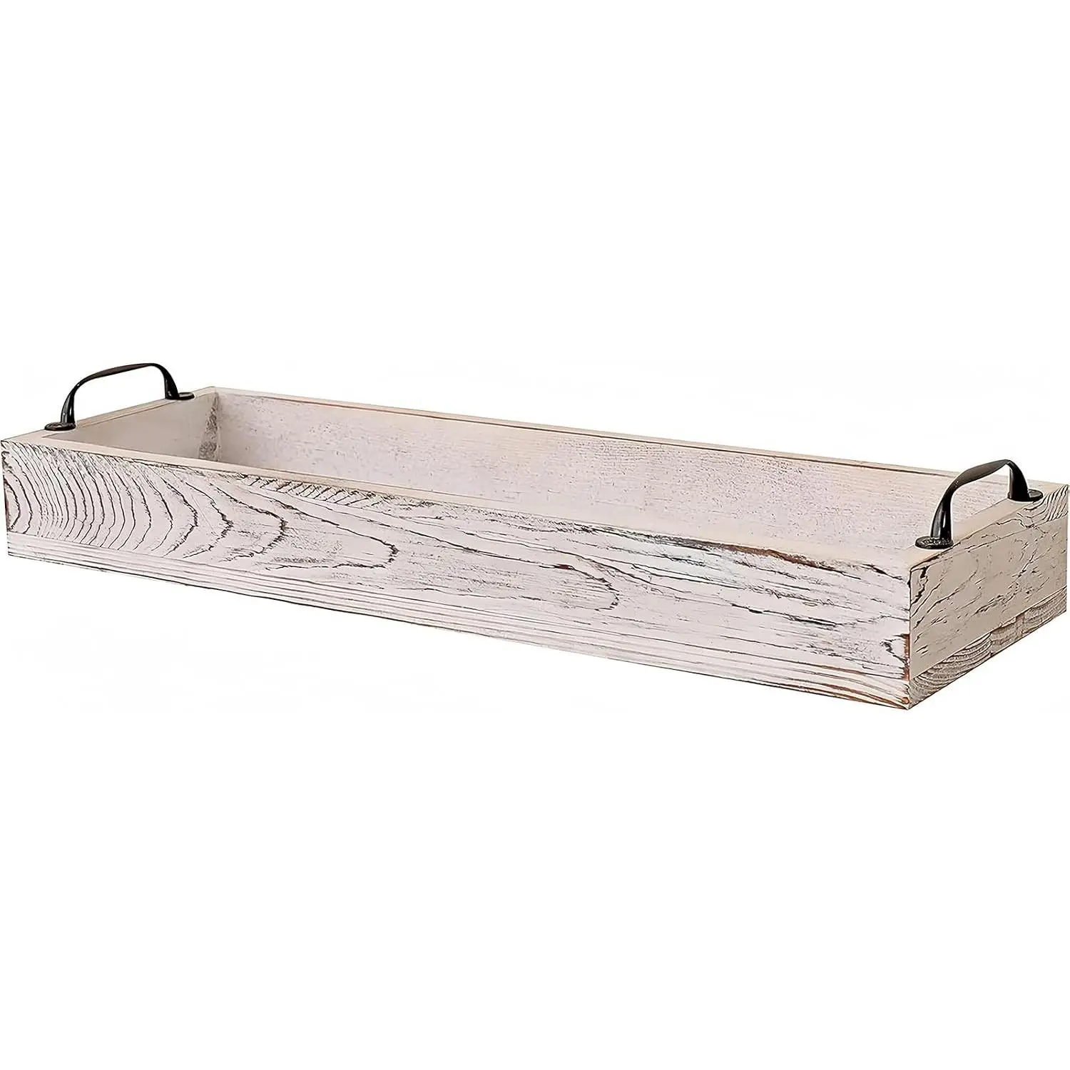Rustic Whitewashed Rectangular Wooden Serving Tray with Handles, 16 Inch Ottoman Tray for Living Room Wine ServingGift