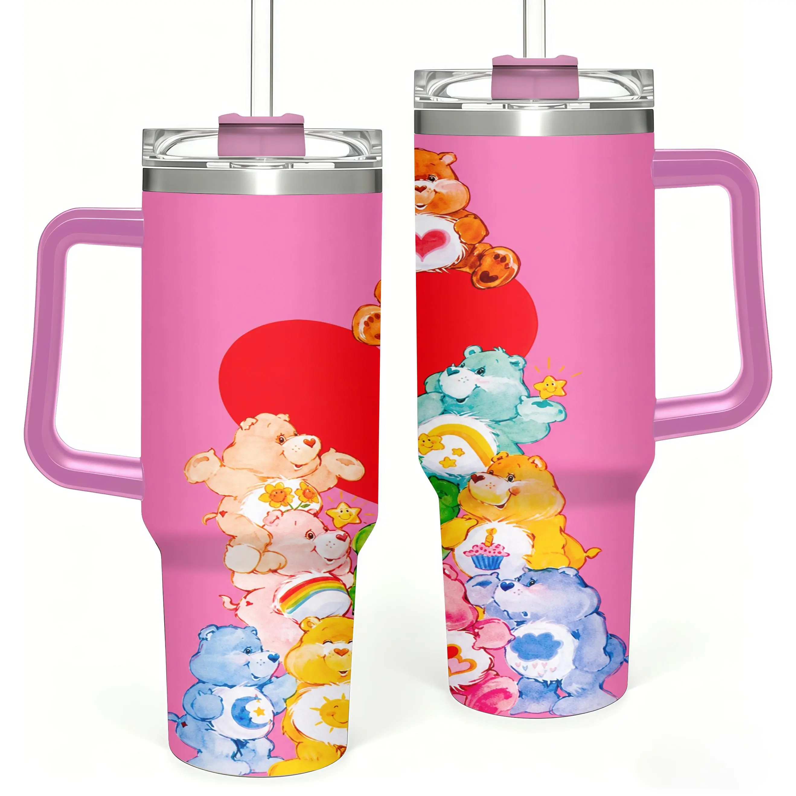 Watercolor Multicolor Cartoon Bears Big Red Heart Pink Gradient Body Print 40oz Handle Straw Stainless Steel Tumbler, Cute Cartoon Insulated Water Cup, Halloween Christmas Birthday Gift For Cartoon Bear Enthusiasts Kids Adults Friends