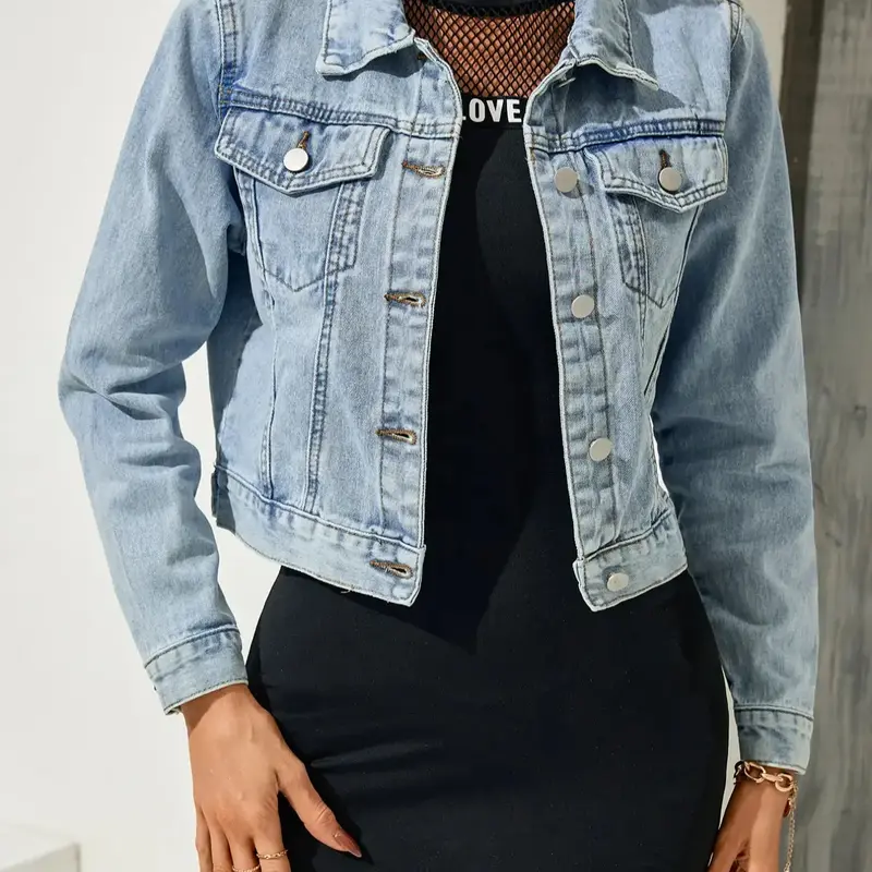 Women's Plain Pocket Button Front Crop Denim Jean Jacket Coats, Long Sleeve Collared Casual Comfort Plain Design Outerwear for Daily Wear