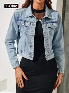 women's minimalist plain pocket button front crop denim jacket coats, fitted jackets for women, light wash jeans jacket, lady basic casual comfort long sleeve collared outerwear for daily wear, ladies clothes, womenswear, longsleeves, denim shacket jacket