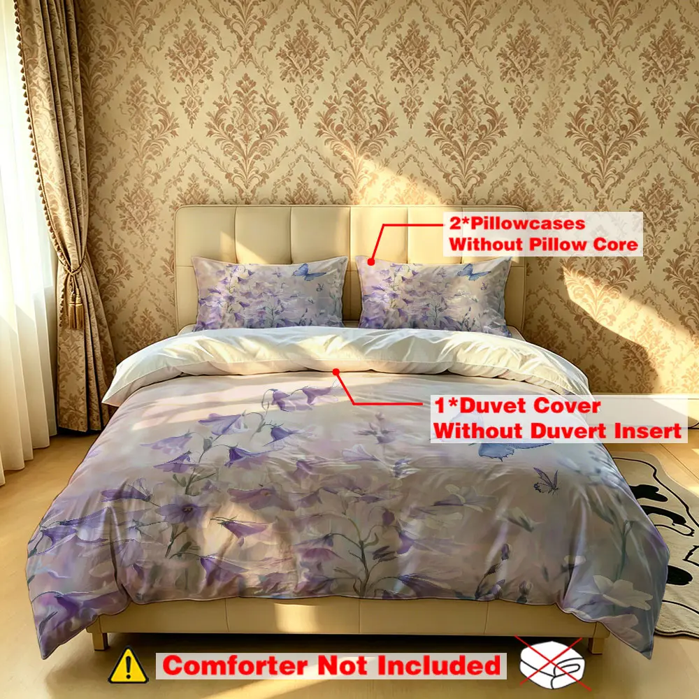 A set of 3 purple floral printed bedding and pillowcases (1 bedding + 2 pillowcases), unstuffed, soft and comfortable, suitable for single beds, double beds, and use in bedrooms, dormitories, and hotels.