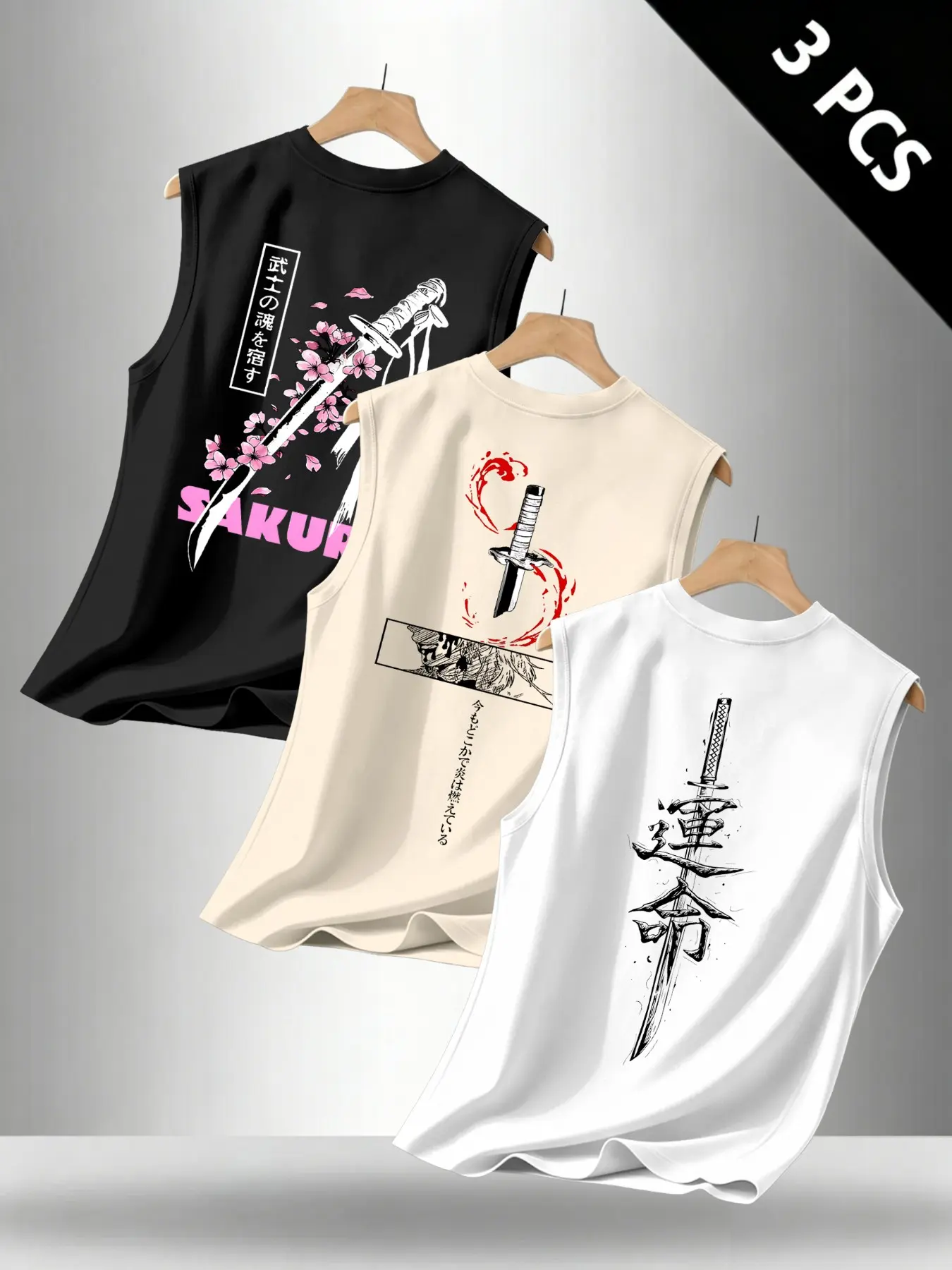 Summer Men's Casual Tank Top 3-Pack, Japanese Samurai Print Sleeveless Shirt, Breathable Comfortable Fabric, Ideal for Daily Workout