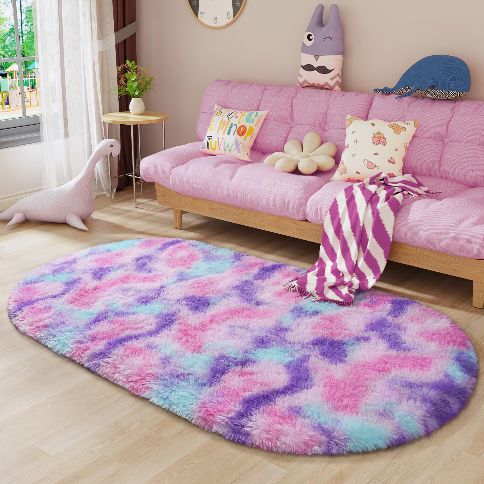 Round/Oval Rug Fluffy Soft Area Rugs for Princess Castle Plush Shaggy Carpet Cute Circle Nursery Rug for Kids Girls Bedroom Baby Room Home Decor Circular Carpet,Rainbow,Pink-purple,Blue-purple,2x5, 2.6x5.2,5x5, 6x6 Feet